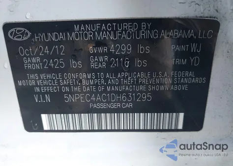 2013 Hyundai Sonata Limited z USA, uszkodzony, nr VIN 5NPEC4AC1DH631295